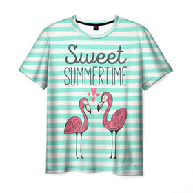 Мужская футболка 3D с принтом Sweet Summer Time в Курске, 100% полиэфир | прямой крой, круглый вырез горловины, длина до линии бедер | animal | art | flamingo | love | pink | summer | sweet | time | арт | белый | бирюзовый | жара | животное | лето | любовь | матроска | полоски | рисунок | розовый | роман | сердечки | сердце | серый | фламинго | черный