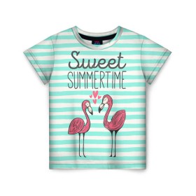 Детская футболка 3D с принтом Sweet Summer Time в Курске, 100% гипоаллергенный полиэфир | прямой крой, круглый вырез горловины, длина до линии бедер, чуть спущенное плечо, ткань немного тянется | animal | art | flamingo | love | pink | summer | sweet | time | арт | белый | бирюзовый | жара | животное | лето | любовь | матроска | полоски | рисунок | розовый | роман | сердечки | сердце | серый | фламинго | черный