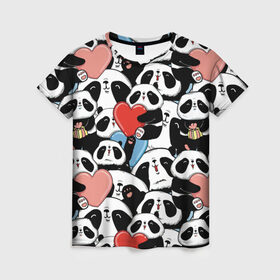 Женская футболка 3D с принтом Пандяшки в Курске, 100% полиэфир ( синтетическое хлопкоподобное полотно) | прямой крой, круглый вырез горловины, длина до линии бедер | baby | cute | fun | gift | happy | heart | panda | paw | smile | белый | красный | лапа | малыш | милый | мягкий | нежный | няшный | панда | подарок | радость | розовый | сердце | счастье | сюрприз | улыбка | черный