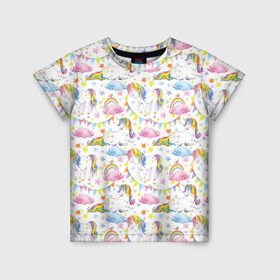 Детская футболка 3D с принтом Акварельные Единороги в Курске, 100% гипоаллергенный полиэфир | прямой крой, круглый вырез горловины, длина до линии бедер, чуть спущенное плечо, ткань немного тянется | unicorn | единорог | единорожка | мимими | радуга