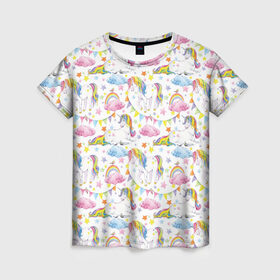 Женская футболка 3D с принтом Акварельные Единороги в Курске, 100% полиэфир ( синтетическое хлопкоподобное полотно) | прямой крой, круглый вырез горловины, длина до линии бедер | unicorn | единорог | единорожка | мимими | радуга