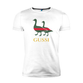 Мужская футболка премиум с принтом Gussi GG в Курске, 92% хлопок, 8% лайкра | приталенный силуэт, круглый вырез ворота, длина до линии бедра, короткий рукав | gucci | gussi | гуси | гучи