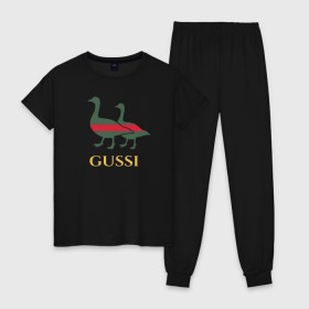 Женская пижама хлопок с принтом Gussi GG в Курске, 100% хлопок | брюки и футболка прямого кроя, без карманов, на брюках мягкая резинка на поясе и по низу штанин | gucci | gussi | гуси | гучи