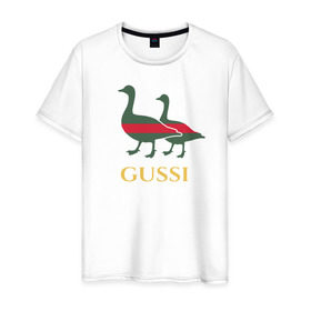 Мужская футболка хлопок с принтом Gussi GG в Курске, 100% хлопок | прямой крой, круглый вырез горловины, длина до линии бедер, слегка спущенное плечо. | gucci | gussi | гуси | гучи