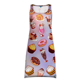 Платье-майка 3D с принтом Очень Сладкий Паттерн в Курске, 100% полиэстер | полуприлегающий силуэт, широкие бретели, круглый вырез горловины, удлиненный подол сзади. | Тематика изображения на принте: блины | вкусняшка | еда | кекс | клубника | коктейль | мороженое | панкейк | пончик | сладости