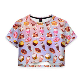 Женская футболка 3D укороченная с принтом Очень Сладкий Паттерн в Курске, 100% полиэстер | круглая горловина, длина футболки до линии талии, рукава с отворотами | блины | вкусняшка | еда | кекс | клубника | коктейль | мороженое | панкейк | пончик | сладости