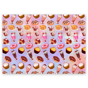 Поздравительная открытка с принтом Очень Сладкий Паттерн в Курске, 100% бумага | плотность бумаги 280 г/м2, матовая, на обратной стороне линовка и место для марки
 | блины | вкусняшка | еда | кекс | клубника | коктейль | мороженое | панкейк | пончик | сладости