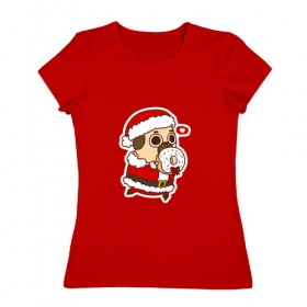 Женская футболка хлопок с принтом Puglie Pug Новогодний в Курске, 100% хлопок | прямой крой, круглый вырез горловины, длина до линии бедер, слегка спущенное плечо | 2019 | kawaii | злюка | каваи | мопс | новый год | пес | пончик | собака