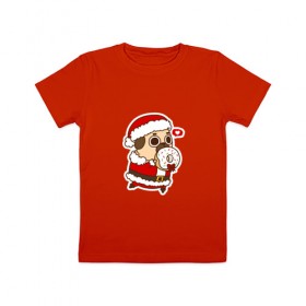 Детская футболка хлопок с принтом Puglie Pug Новогодний в Курске, 100% хлопок | круглый вырез горловины, полуприлегающий силуэт, длина до линии бедер | 2019 | kawaii | злюка | каваи | мопс | новый год | пес | пончик | собака