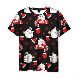 Мужская футболка 3D с принтом Molang Новогодний Паттерн в Курске, 100% полиэфир | прямой крой, круглый вырез горловины, длина до линии бедер | Тематика изображения на принте: kawaii | аниме | зайчик | зая | каваи | кролик | мимими | моланг | нг | новый год | рождество | снежинка