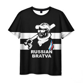 Мужская футболка 3D с принтом RUSSIAN BRATVA в Курске, 100% полиэфир | прямой крой, круглый вырез горловины, длина до линии бедер | Тематика изображения на принте: mafia | russian | бандит | герб | мафия | россия | флаг