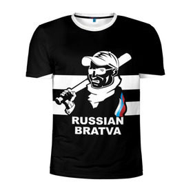 Мужская футболка 3D спортивная с принтом RUSSIAN BRATVA в Курске, 100% полиэстер с улучшенными характеристиками | приталенный силуэт, круглая горловина, широкие плечи, сужается к линии бедра | mafia | russian | бандит | герб | мафия | россия | флаг