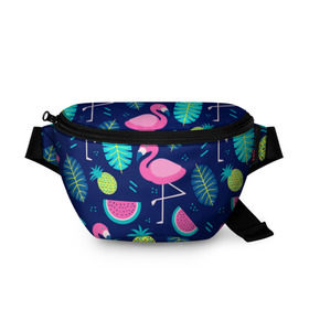Поясная сумка 3D с принтом Фламинго в Курске, 100% полиэстер | плотная ткань, ремень с регулируемой длиной, внутри несколько карманов для мелочей, основное отделение и карман с обратной стороны сумки застегиваются на молнию | flamingo | ананас | арбуз | летние | летняя | лето | листья | текстура | фламинго | фрукты