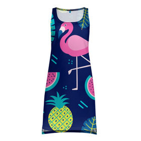 Платье-майка 3D с принтом Фламинго в Курске, 100% полиэстер | полуприлегающий силуэт, широкие бретели, круглый вырез горловины, удлиненный подол сзади. | flamingo | ананас | арбуз | летние | летняя | лето | листья | текстура | фламинго | фрукты