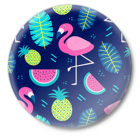 Значок с принтом Фламинго в Курске,  металл | круглая форма, металлическая застежка в виде булавки | flamingo | ананас | арбуз | летние | летняя | лето | листья | текстура | фламинго | фрукты