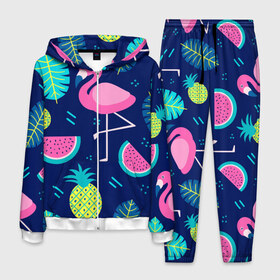Мужской костюм 3D с принтом Фламинго в Курске, 100% полиэстер | Манжеты и пояс оформлены тканевой резинкой, двухслойный капюшон со шнурком для регулировки, карманы спереди | flamingo | ананас | арбуз | летние | летняя | лето | листья | текстура | фламинго | фрукты