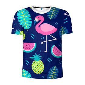 Мужская футболка 3D спортивная с принтом Фламинго в Курске, 100% полиэстер с улучшенными характеристиками | приталенный силуэт, круглая горловина, широкие плечи, сужается к линии бедра | flamingo | ананас | арбуз | летние | летняя | лето | листья | текстура | фламинго | фрукты