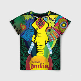 Детская футболка 3D с принтом Мама Индия в Курске, 100% гипоаллергенный полиэфир | прямой крой, круглый вырез горловины, длина до линии бедер, чуть спущенное плечо, ткань немного тянется | Тематика изображения на принте: ганеша | гималаи | индия | йога | кислота | практика | психоделика | слон | ярко