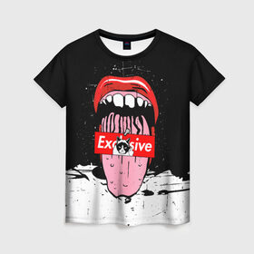 Женская футболка 3D с принтом Exclusive в Курске, 100% полиэфир ( синтетическое хлопкоподобное полотно) | прямой крой, круглый вырез горловины, длина до линии бедер | exclusive | rip n dip | губы | кот | суприм | язык