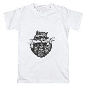 Мужская футболка хлопок с принтом Енот - повисун в Курске, 100% хлопок | прямой крой, круглый вырез горловины, длина до линии бедер, слегка спущенное плечо. | енотики | еноты