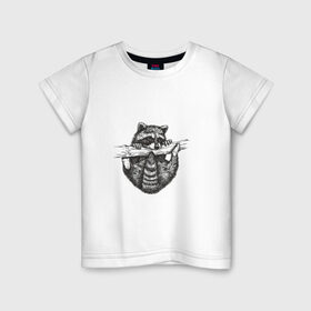 Детская футболка хлопок с принтом Енот - повисун в Курске, 100% хлопок | круглый вырез горловины, полуприлегающий силуэт, длина до линии бедер | Тематика изображения на принте: енотики | еноты