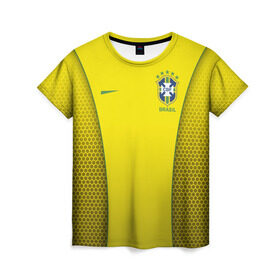 Женская футболка 3D с принтом Сборная Бразилии (сетка) в Курске, 100% полиэфир ( синтетическое хлопкоподобное полотно) | прямой крой, круглый вырез горловины, длина до линии бедер | brazil | football | бразилия | форма | футбол | футбольная | чм