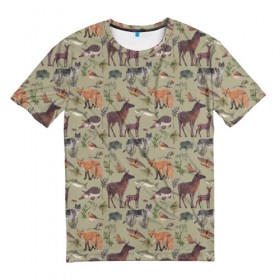 Мужская футболка 3D с принтом Wild animals в Курске, 100% полиэфир | прямой крой, круглый вырез горловины, длина до линии бедер | animals | deer | forest | fox | nature | wild nature | дикие животные | ёжик | лес | лиса | олень | природа | рыба