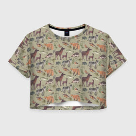 Женская футболка 3D укороченная с принтом Wild animals в Курске, 100% полиэстер | круглая горловина, длина футболки до линии талии, рукава с отворотами | animals | deer | forest | fox | nature | wild nature | дикие животные | ёжик | лес | лиса | олень | природа | рыба