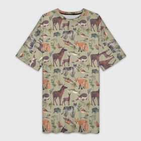 Платье-футболка 3D с принтом Wild animals в Курске,  |  | animals | deer | forest | fox | nature | wild nature | дикие животные | ёжик | лес | лиса | олень | природа | рыба