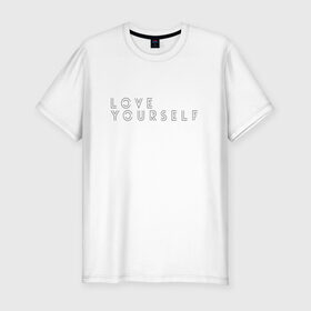 Мужская футболка премиум с принтом LOVE YOURSELF_2 в Курске, 92% хлопок, 8% лайкра | приталенный силуэт, круглый вырез ворота, длина до линии бедра, короткий рукав | Тематика изображения на принте: bangtan boys | bts | бантаны | бтс