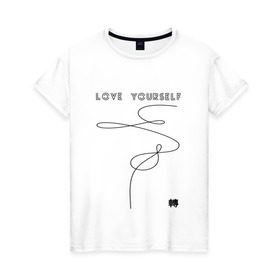 Женская футболка хлопок с принтом LOVE YOURSELF _ в Курске, 100% хлопок | прямой крой, круглый вырез горловины, длина до линии бедер, слегка спущенное плечо | bangtan boys | bts | бантаны | бтс