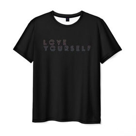 Мужская футболка 3D с принтом LOVE YOURSELF_5 в Курске, 100% полиэфир | прямой крой, круглый вырез горловины, длина до линии бедер | Тематика изображения на принте: bangtan boys | bts | бантаны | бтс