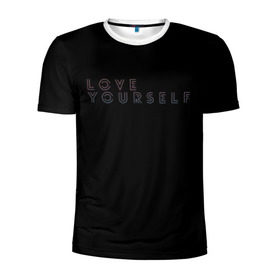 Мужская футболка 3D спортивная с принтом LOVE YOURSELF_5 в Курске, 100% полиэстер с улучшенными характеристиками | приталенный силуэт, круглая горловина, широкие плечи, сужается к линии бедра | Тематика изображения на принте: bangtan boys | bts | бантаны | бтс
