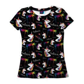 Женская футболка 3D с принтом Единорог в Курске, 100% полиэфир ( синтетическое хлопкоподобное полотно) | прямой крой, круглый вырез горловины, длина до линии бедер | Тематика изображения на принте: единорог | единороги
