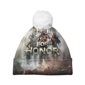 Шапка 3D c помпоном с принтом For Honor в Курске, 100% полиэстер | универсальный размер, печать по всей поверхности изделия | and | hack | slash | викинг | за честь | игра | оружие | рыцарь | самурай | стратегия | файтинг