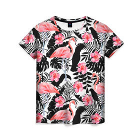Женская футболка 3D с принтом Pattern Flamingo в Курске, 100% полиэфир ( синтетическое хлопкоподобное полотно) | прямой крой, круглый вырез горловины, длина до линии бедер | 