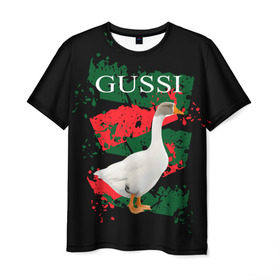Мужская футболка 3D с принтом Gussi в Курске, 100% полиэфир | прямой крой, круглый вырез горловины, длина до линии бедер | Тематика изображения на принте: gucci | gussi ga ga ga | gussi gang | бренд | гусь | птица
