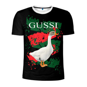 Мужская футболка 3D спортивная с принтом Gussi в Курске, 100% полиэстер с улучшенными характеристиками | приталенный силуэт, круглая горловина, широкие плечи, сужается к линии бедра | gucci | gussi ga ga ga | gussi gang | бренд | гусь | птица
