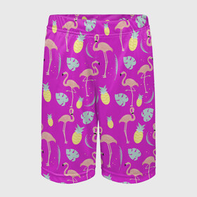 Детские спортивные шорты 3D с принтом Тропическое наслаждения в Курске,  100% полиэстер
 | пояс оформлен широкой мягкой резинкой, ткань тянется
 | африка | крылья | мода | прикольные | природа | птица | розовый | фламинго | цвет | яркие