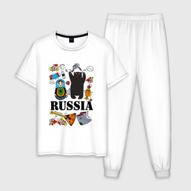 Мужская пижама хлопок с принтом Россия в Курске, 100% хлопок | брюки и футболка прямого кроя, без карманов, на брюках мягкая резинка на поясе и по низу штанин
 | балалайка | матрёшка | медведь | россия | стереотипы