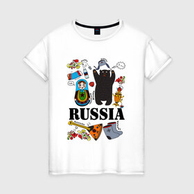 Женская футболка хлопок с принтом Россия в Курске, 100% хлопок | прямой крой, круглый вырез горловины, длина до линии бедер, слегка спущенное плечо | балалайка | матрёшка | медведь | россия | стереотипы