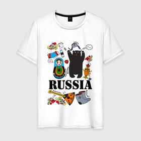 Мужская футболка хлопок с принтом Россия в Курске, 100% хлопок | прямой крой, круглый вырез горловины, длина до линии бедер, слегка спущенное плечо. | Тематика изображения на принте: балалайка | матрёшка | медведь | россия | стереотипы