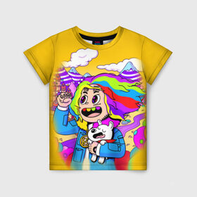 Детская футболка 3D с принтом 69 rainbow в Курске, 100% гипоаллергенный полиэфир | прямой крой, круглый вырез горловины, длина до линии бедер, чуть спущенное плечо, ткань немного тянется | Тематика изображения на принте: 6ix9ine | sixnine