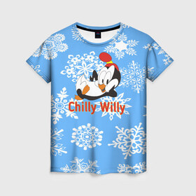 Женская футболка 3D с принтом Chilly Willy в Курске, 100% полиэфир ( синтетическое хлопкоподобное полотно) | прямой крой, круглый вырез горловины, длина до линии бедер | chilly | chilly willy | арт | животные | милые | мультфильмы | пингвины | снежинки | текстура | чилли вилли