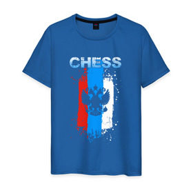 Мужская футболка хлопок с принтом Chess в Курске, 100% хлопок | прямой крой, круглый вырез горловины, длина до линии бедер, слегка спущенное плечо. | check | chess | game | sport | strategy | доска | игра | линии | мат | надпись | пат | полосы | сборная | символ | состязание | спорт | спортсмен | стратегия | флаг | шах | шахматист | шахматы
