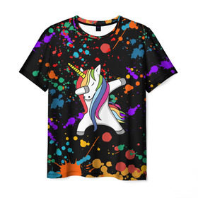 Мужская футболка 3D с принтом ЕДИНОРОГ РАДУГА (ЧЕРНЫЙ) в Курске, 100% полиэфир | прямой крой, круглый вырез горловины, длина до линии бедер | color | dab | pony | rainbow | unicornis dab | брызги | даб | единорог | единорог радуга | животные | краски | красочные | ляпистые | пони | радуга | цвета радуги