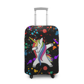 Чехол для чемодана 3D с принтом ЕДИНОРОГ РАДУГА (ЧЕРНЫЙ) в Курске, 86% полиэфир, 14% спандекс | двустороннее нанесение принта, прорези для ручек и колес | color | dab | pony | rainbow | unicornis dab | брызги | даб | единорог | единорог радуга | животные | краски | красочные | ляпистые | пони | радуга | цвета радуги
