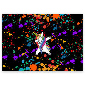 Поздравительная открытка с принтом ЕДИНОРОГ РАДУГА в Курске, 100% бумага | плотность бумаги 280 г/м2, матовая, на обратной стороне линовка и место для марки
 | color | dab | pony | rainbow | unicornis dab | брызги | даб | единорог | единорог радуга | животные | краски | красочные | ляпистые | пони | радуга | цвета радуги
