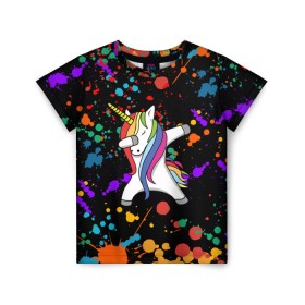 Детская футболка 3D с принтом ЕДИНОРОГ РАДУГА (ЧЕРНЫЙ) в Курске, 100% гипоаллергенный полиэфир | прямой крой, круглый вырез горловины, длина до линии бедер, чуть спущенное плечо, ткань немного тянется | color | dab | pony | rainbow | unicornis dab | брызги | даб | единорог | единорог радуга | животные | краски | красочные | ляпистые | пони | радуга | цвета радуги