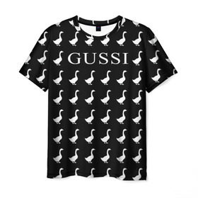 Мужская футболка 3D с принтом Gussi Black в Курске, 100% полиэфир | прямой крой, круглый вырез горловины, длина до линии бедер | gucci | gussi ga ga ga | gussi gang | бренд | гусь | птица
